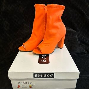 Bamboo Mania Peeptoe side zip ankle boots neon orange 6m